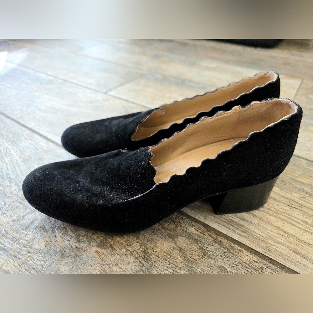 Chloe Black Suede Scalloped Block Heel Loafers Sz 37 7